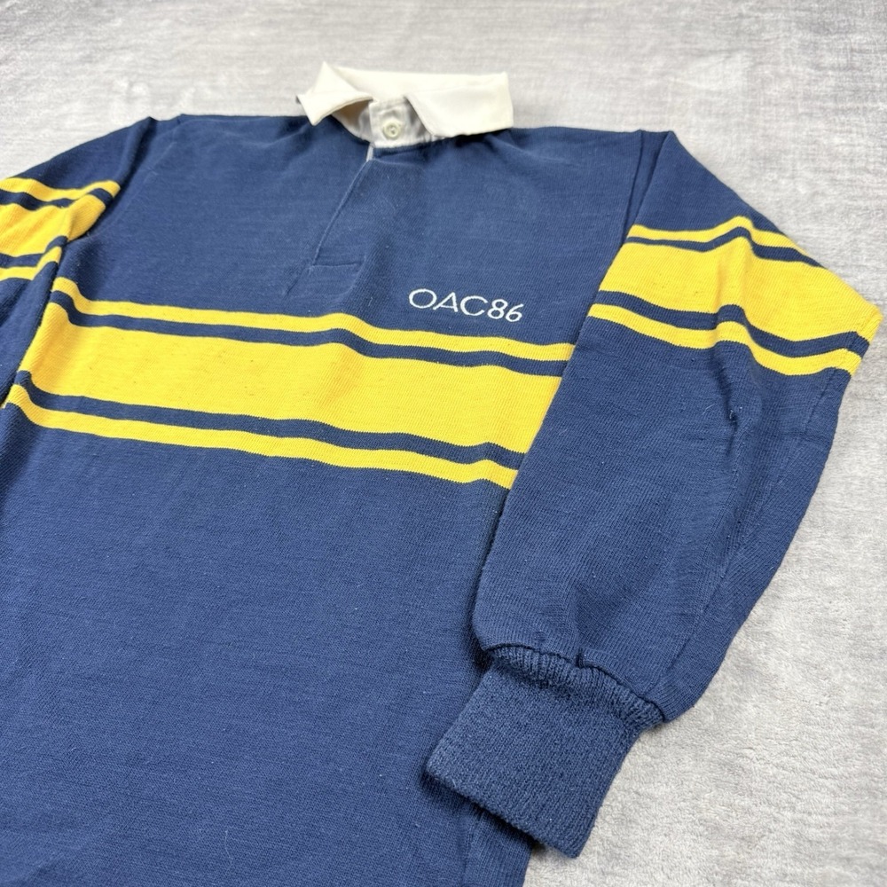 Vintage 80s Rugby Polo Mens Medium Navy Blue Striped Ontario Agriculture School - Picture 2 of 11